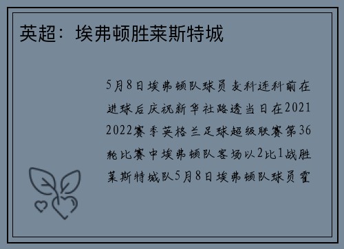 英超：埃弗顿胜莱斯特城